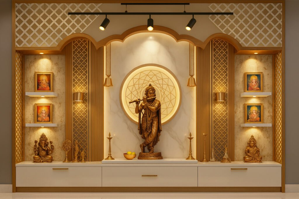 Modern pooja room featuring an intricately carved Krishna statue in the center, set against a marble wall with a glowing circular sacred geometric pattern. The design is framed by arches, golden lattice pillars, and suspended brass bells. On each side, illuminated shelves display framed images of Hindu deities and brass idols, complemented by traditional oil lamps and decorative elements. The base has white drawers, creating an elegant and serene atmosphere ideal for worship.
