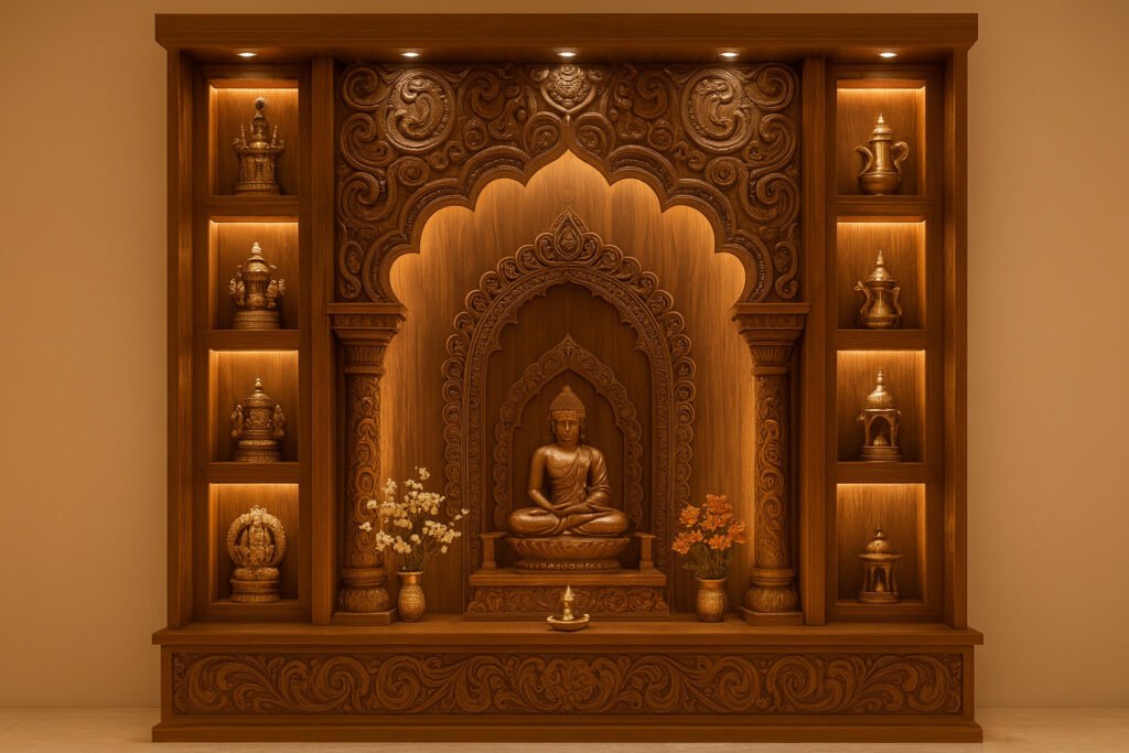 Traditional home pooja mandir crafted entirely from richly carved wood. The mandir features an intricately designed central archway with ornate motifs, showcasing a meditative Buddha statue on a raised platform. Flanking the centerpiece are multiple illuminated niches displaying brass religious artifacts and vases with fresh flowers. Warm ambient lighting highlights the detailed woodwork, creating an inviting and serene spiritual space.