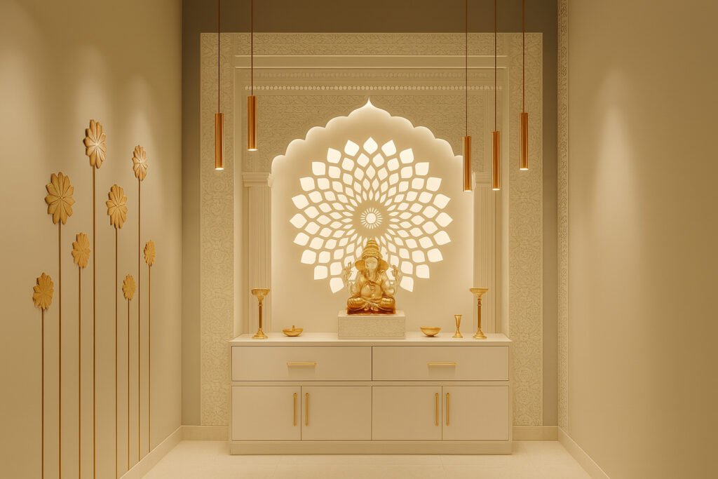 Modern home temple (pooja mandir) featuring a golden Ganesha idol centered on a white altar with neatly organized drawers and gold handles. The backdrop showcases an ornate lotus-patterned jali with soft, warm backlighting, surrounded by classical pillars and subtle floral motifs. Sleek gold pendant lights hang above, while the altar is adorned with traditional brass oil lamps and minimalist puja accessories. The adjacent wall is decorated with golden floral accents, creating a serene, elegant, and inviting space for prayer.