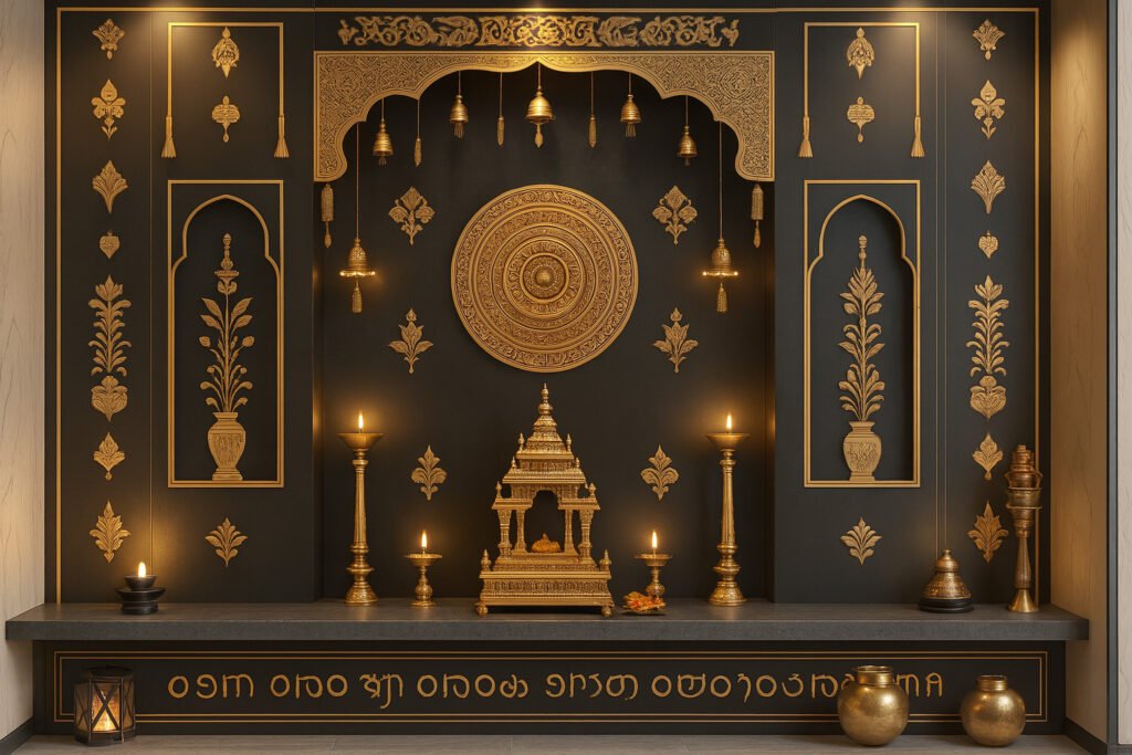 Luxurious home pooja room (mandir) adorned with intricate gold motifs and traditional Indian decor on matte black walls. Features a grand golden temple structure on a raised altar, flanked by brass oil lamps and decorative pots. Suspended brass bells and ornamental carvings frame the space, while warm ambient lighting highlights the elaborate gold accents, creating a serene and regal setting ideal for spiritual worship.