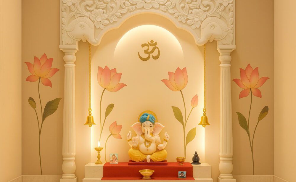 Elegant modern pooja room featuring a serene white and beige color palette, with a central Ganesha idol seated on a pedestal accented by a red cloth. The backdrop showcases intricate floral carvings on the arch, flanked by classical columns and subtle lotus motifs on the walls. Overhead, a golden "Om" symbol is illuminated by soft cove lighting. Two traditional brass bells hang symmetrically on either side, and brass oil lamps and small framed deity photos are placed on the altar, creating a warm, peaceful space for prayer and meditation.