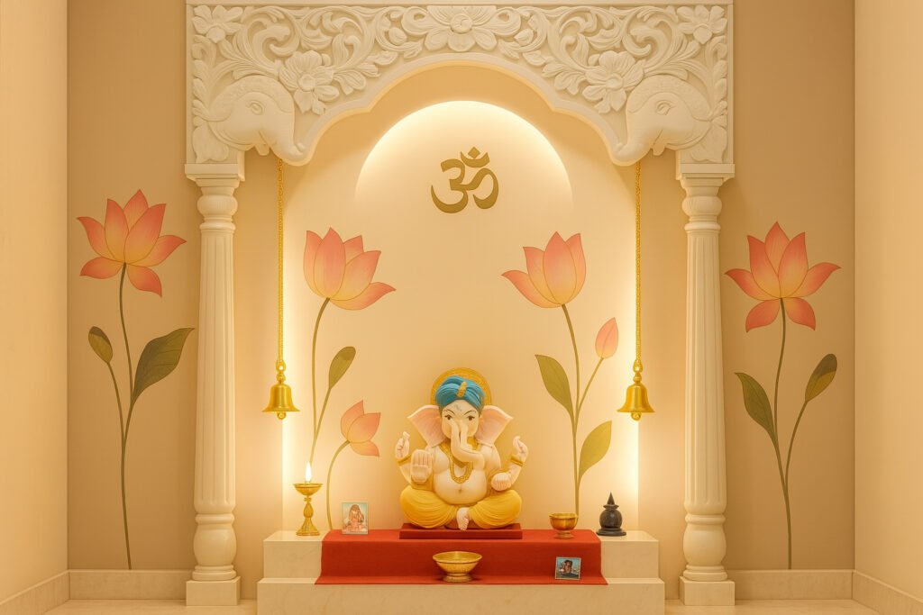 Elegant modern pooja room featuring a serene white and beige color palette, with a central Ganesha idol seated on a pedestal accented by a red cloth. The backdrop showcases intricate floral carvings on the arch, flanked by classical columns and subtle lotus motifs on the walls. Overhead, a golden "Om" symbol is illuminated by soft cove lighting. Two traditional brass bells hang symmetrically on either side, and brass oil lamps and small framed deity photos are placed on the altar, creating a warm, peaceful space for prayer and meditation.