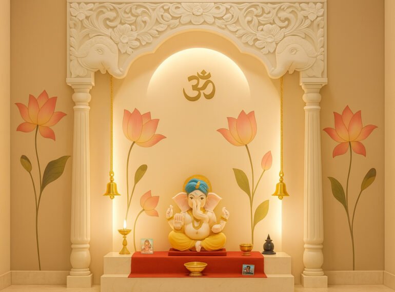 Elegant modern pooja room featuring a serene white and beige color palette, with a central Ganesha idol seated on a pedestal accented by a red cloth. The backdrop showcases intricate floral carvings on the arch, flanked by classical columns and subtle lotus motifs on the walls. Overhead, a golden "Om" symbol is illuminated by soft cove lighting. Two traditional brass bells hang symmetrically on either side, and brass oil lamps and small framed deity photos are placed on the altar, creating a warm, peaceful space for prayer and meditation.