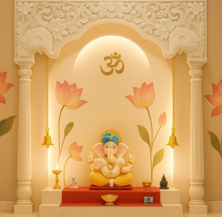 Elegant modern pooja room featuring a serene white and beige color palette, with a central Ganesha idol seated on a pedestal accented by a red cloth. The backdrop showcases intricate floral carvings on the arch, flanked by classical columns and subtle lotus motifs on the walls. Overhead, a golden "Om" symbol is illuminated by soft cove lighting. Two traditional brass bells hang symmetrically on either side, and brass oil lamps and small framed deity photos are placed on the altar, creating a warm, peaceful space for prayer and meditation.