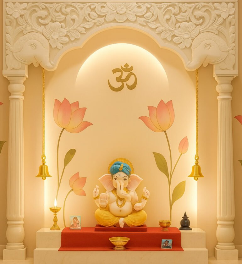 Elegant modern pooja room featuring a serene white and beige color palette, with a central Ganesha idol seated on a pedestal accented by a red cloth. The backdrop showcases intricate floral carvings on the arch, flanked by classical columns and subtle lotus motifs on the walls. Overhead, a golden "Om" symbol is illuminated by soft cove lighting. Two traditional brass bells hang symmetrically on either side, and brass oil lamps and small framed deity photos are placed on the altar, creating a warm, peaceful space for prayer and meditation.