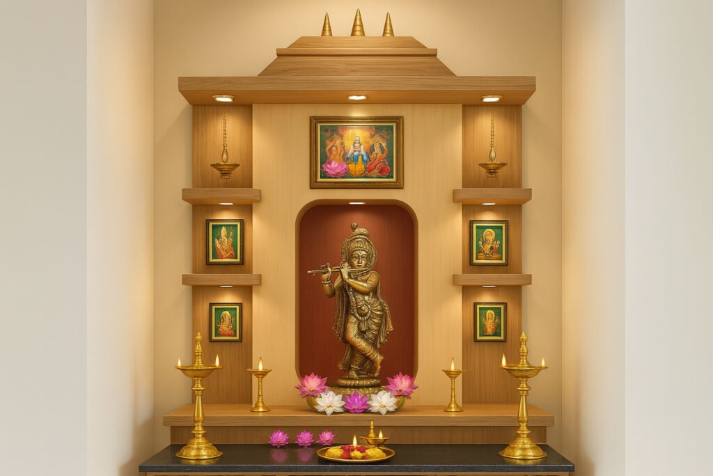 Modern home pooja mandir featuring a golden Krishna idol, elegantly positioned in the center against a warm wooden alcove. The backdrop includes a tiered wooden frame with traditional temple spires at the top. Illuminated shelves on both sides display framed pictures of Hindu deities and brass oil lamps. The altar is decorated with brass lamps of varying heights, lotus flowers, and a traditional pooja thali. Soft built-in lighting creates a serene, spiritual ambiance.