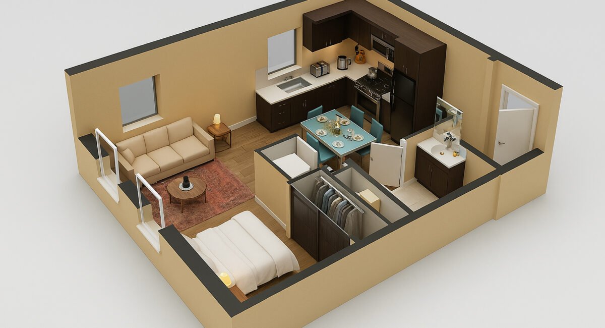 3D-rendered layout of a compact studio apartment featuring an open-plan bedroom with a double bed, a cozy living area with a beige sofa and round coffee table, an L-shaped kitchen with dark cabinets, a dining table set for six, a walk-in closet, and an adjacent bathroom with a vanity unit.
