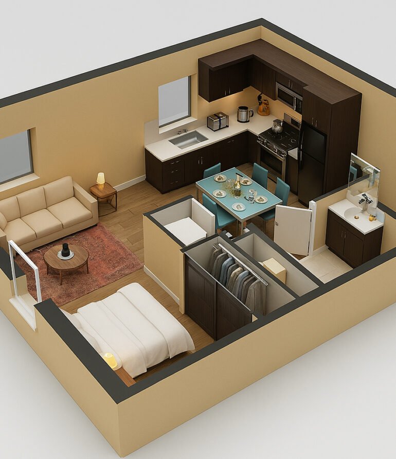 3D-rendered layout of a compact studio apartment featuring an open-plan bedroom with a double bed, a cozy living area with a beige sofa and round coffee table, an L-shaped kitchen with dark cabinets, a dining table set for six, a walk-in closet, and an adjacent bathroom with a vanity unit.