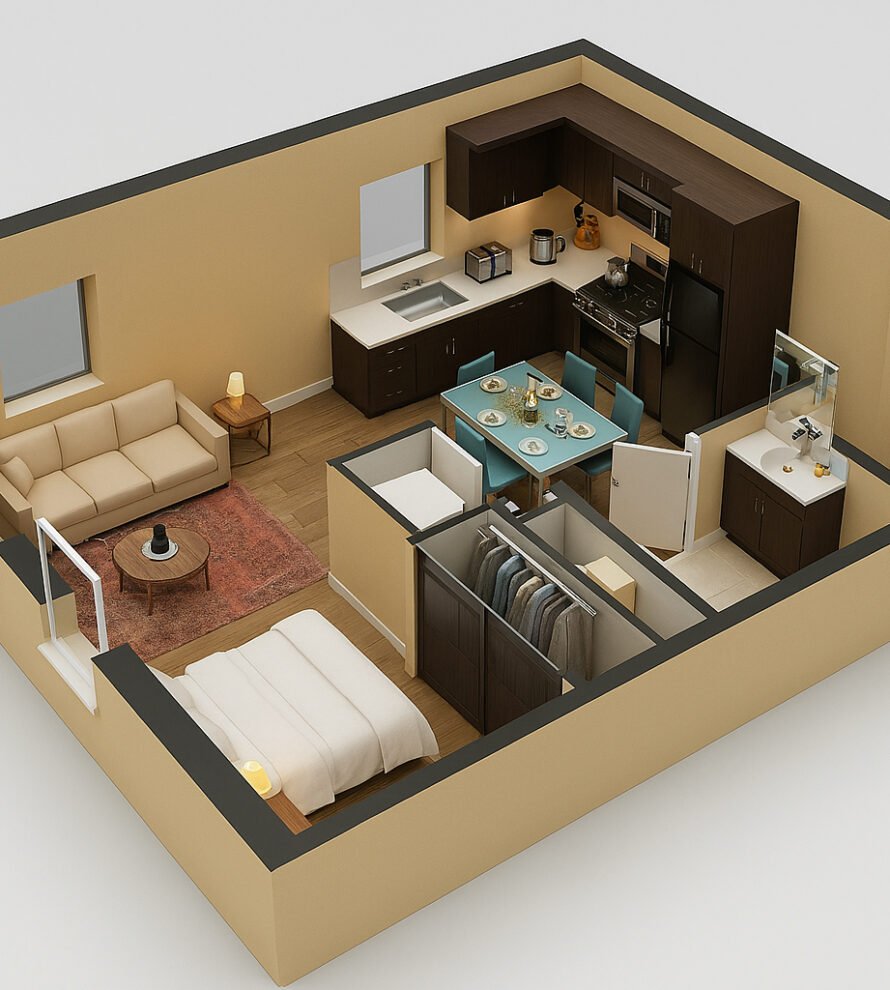 3D-rendered layout of a compact studio apartment featuring an open-plan bedroom with a double bed, a cozy living area with a beige sofa and round coffee table, an L-shaped kitchen with dark cabinets, a dining table set for six, a walk-in closet, and an adjacent bathroom with a vanity unit.