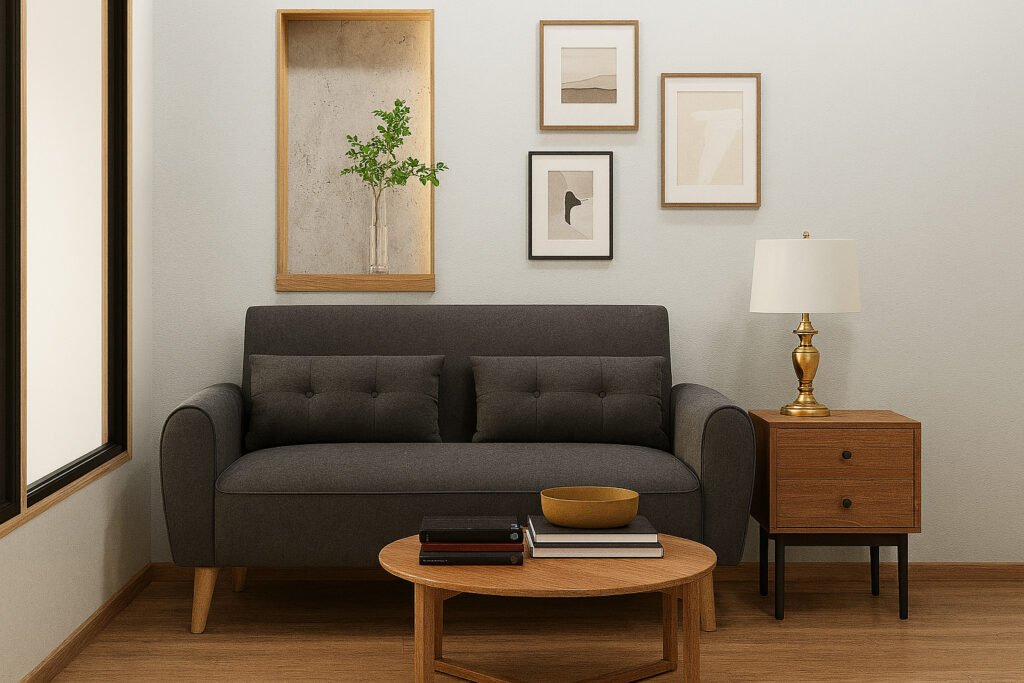 Modern minimalist living room with a dark gray upholstered loveseat, two matching button-tufted back cushions, light wood coffee table with books and a decorative bowl, wooden side table with a brass lamp and white shade, and four framed artworks above. The space includes wood flooring, neutral walls, and a recessed shelf with a glass vase and green foliage.