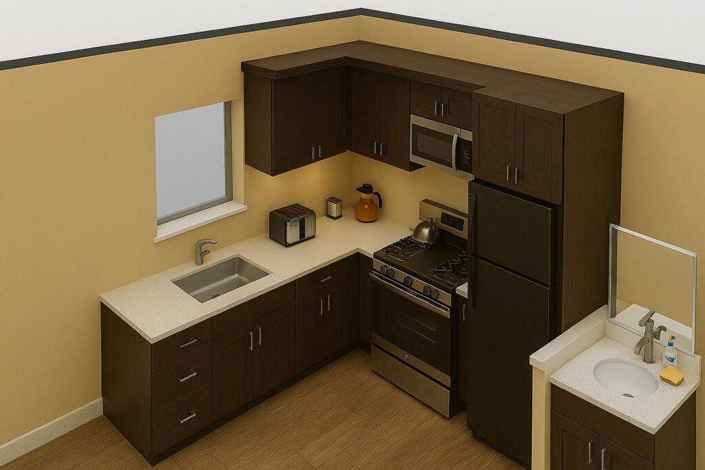 Modern L-shaped kitchen with dark wood cabinetry, light cream countertops, stainless steel appliances, and a small built-in handwash area. The kitchen features under-cabinet storage, a window above the sink, a built-in microwave, a black refrigerator, and warm beige walls.