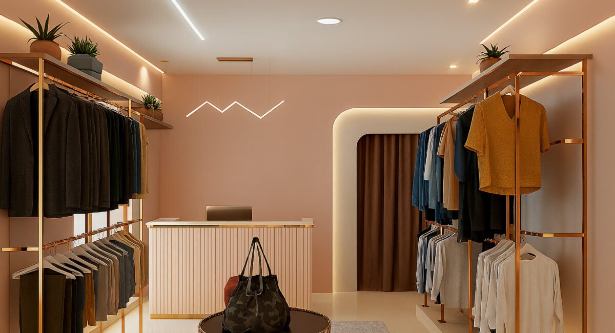 Modern boutique clothing store interior with warm beige walls, gold-accented clothing racks displaying neatly hung shirts, trousers, and jackets, a central checkout counter with a laptop, decorative indoor plants on upper shelves, and a cozy illuminated fitting room entrance.