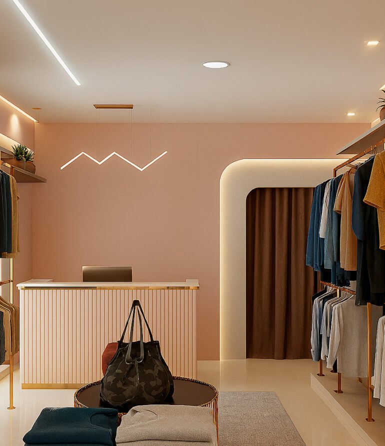 Modern boutique clothing store interior with warm beige walls, gold-accented clothing racks displaying neatly hung shirts, trousers, and jackets, a central checkout counter with a laptop, decorative indoor plants on upper shelves, and a cozy illuminated fitting room entrance.