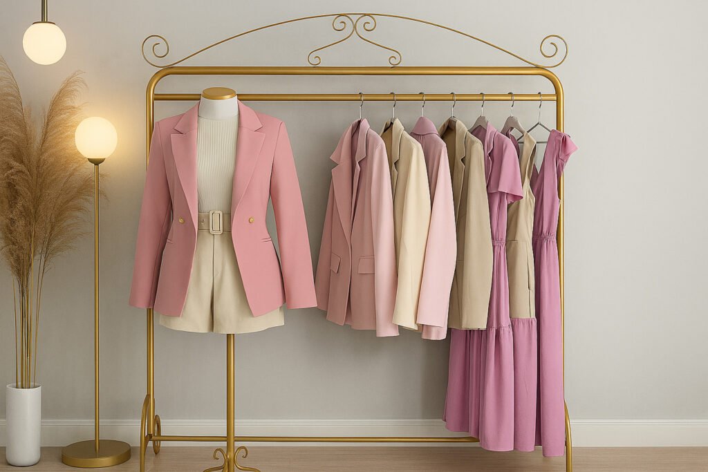 Elegant clothing display featuring a gold metal rack with a collection of coordinated women’s outfits in shades of blush pink, cream, and lavender. The display includes blazers, dresses, and shorts styled on hangers and a mannequin, set against a light beige wall with warm, decorative lighting and minimal dried pampas grass décor.