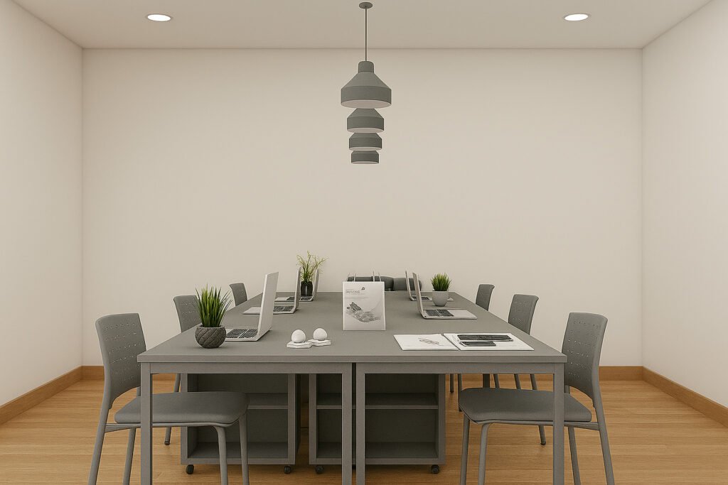 Modern L-shaped kitchen with dark wood cabinetry, light cream countertops, stainless steel appliances, and a small built-in handwash area. The kitchen features under-cabinet storage, a window above the sink, a built-in microwave, a black refrigerator, and warm beige walls.