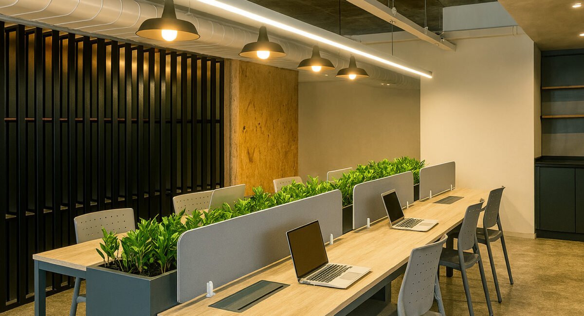 Modern coworking office with two rows of light wood desks, gray fabric privacy panels, built-in green planters, gray chairs, and laptops under black pendant lighting, featuring a minimalist industrial design with exposed ductwork and neutral tones.
