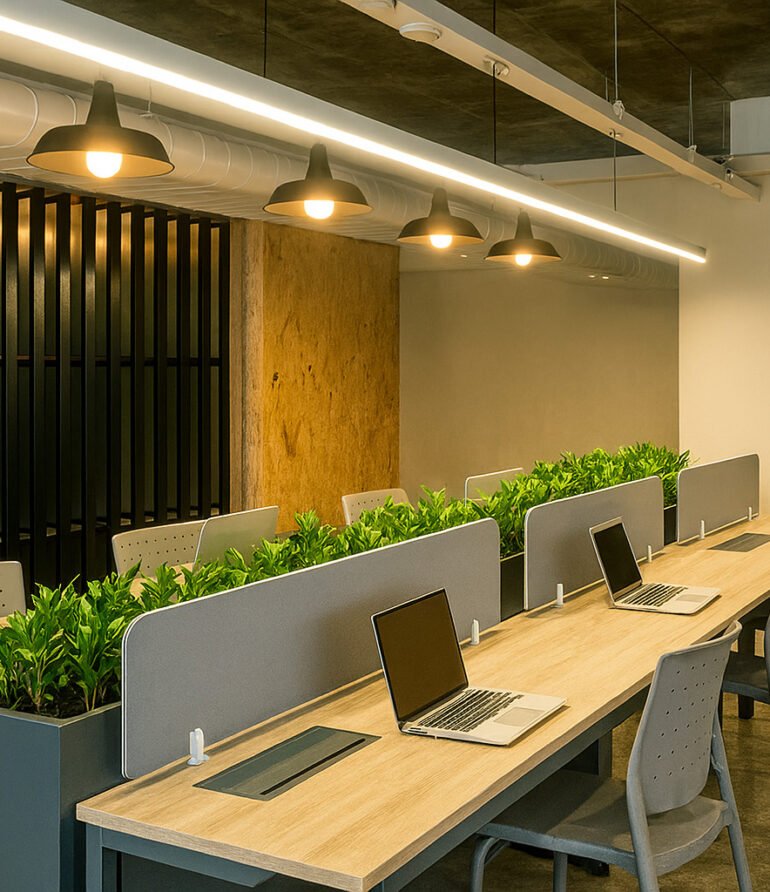 Modern coworking office with two rows of light wood desks, gray fabric privacy panels, built-in green planters, gray chairs, and laptops under black pendant lighting, featuring a minimalist industrial design with exposed ductwork and neutral tones.