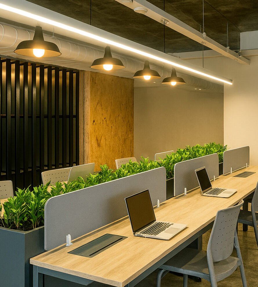 Modern coworking office with two rows of light wood desks, gray fabric privacy panels, built-in green planters, gray chairs, and laptops under black pendant lighting, featuring a minimalist industrial design with exposed ductwork and neutral tones.