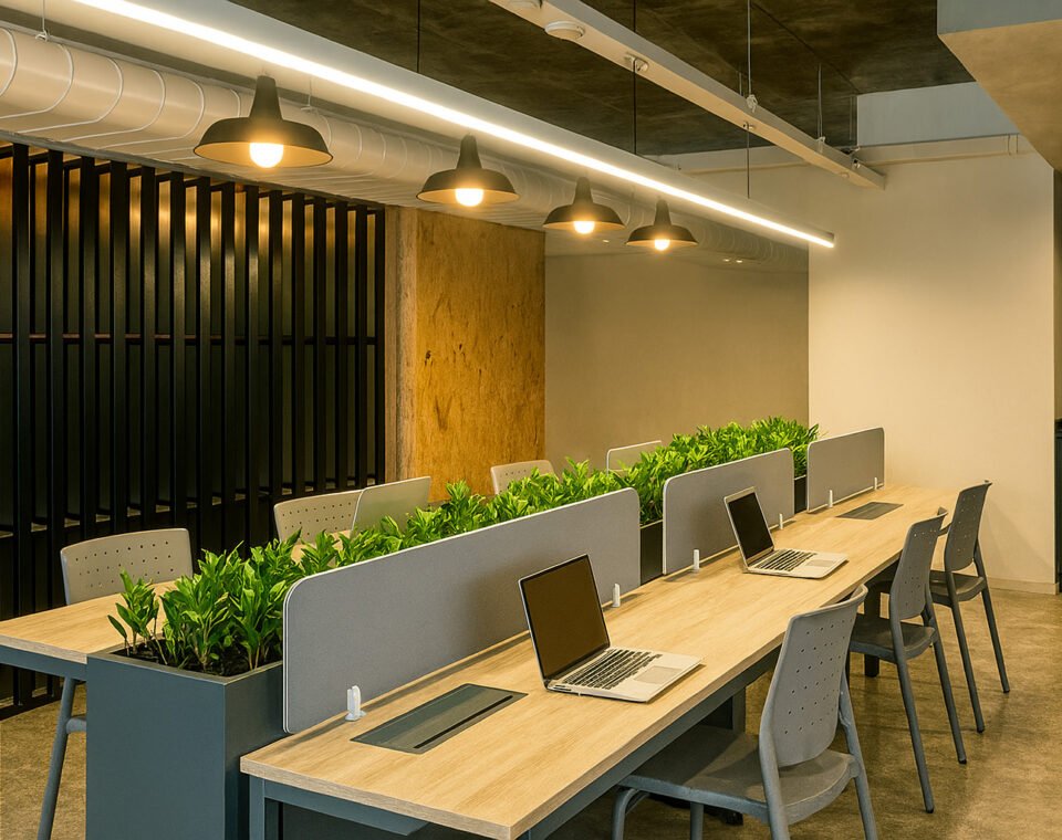 Modern coworking office with two rows of light wood desks, gray fabric privacy panels, built-in green planters, gray chairs, and laptops under black pendant lighting, featuring a minimalist industrial design with exposed ductwork and neutral tones.