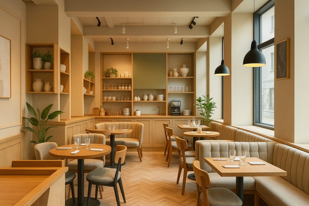 Modern minimalist café interior with wooden furniture, beige upholstery, and natural light.