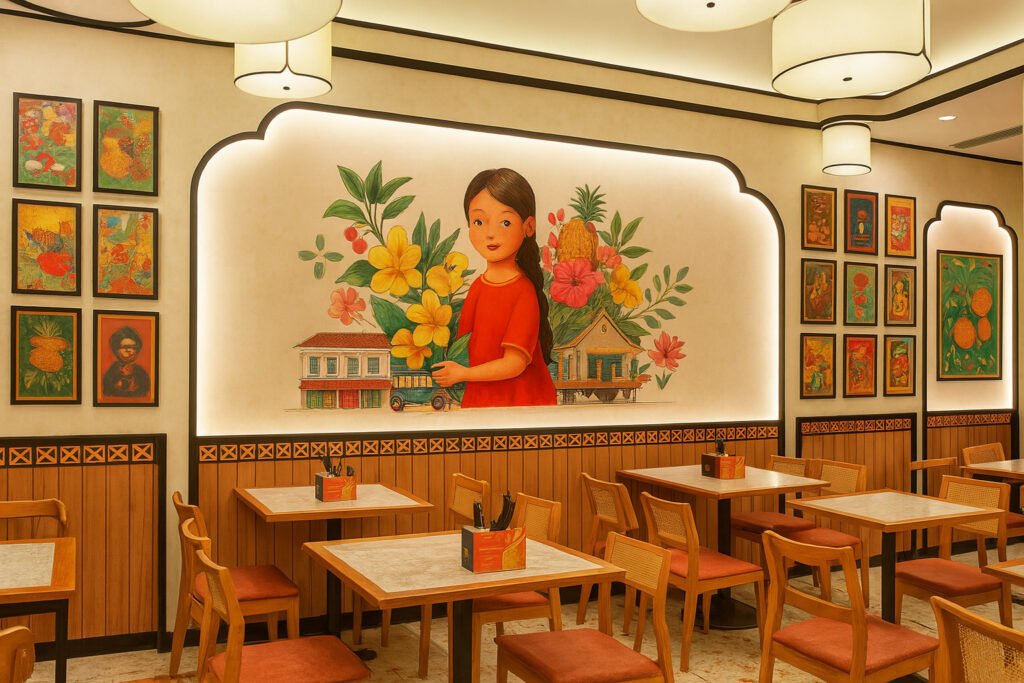 Colorful ethnic restaurant interior with hand-painted wall mural, wooden furniture, and cultural artwork.