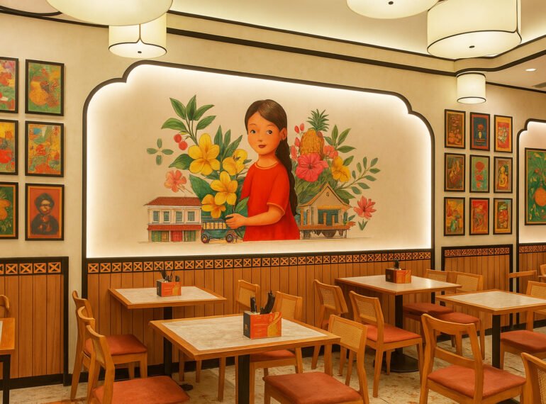 Colorful ethnic restaurant interior with hand-painted wall mural, wooden furniture, and cultural artwork.