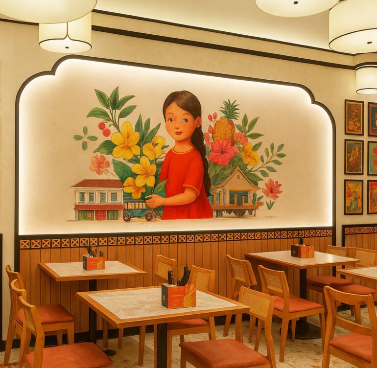 Colorful ethnic restaurant interior with hand-painted wall mural, wooden furniture, and cultural artwork.