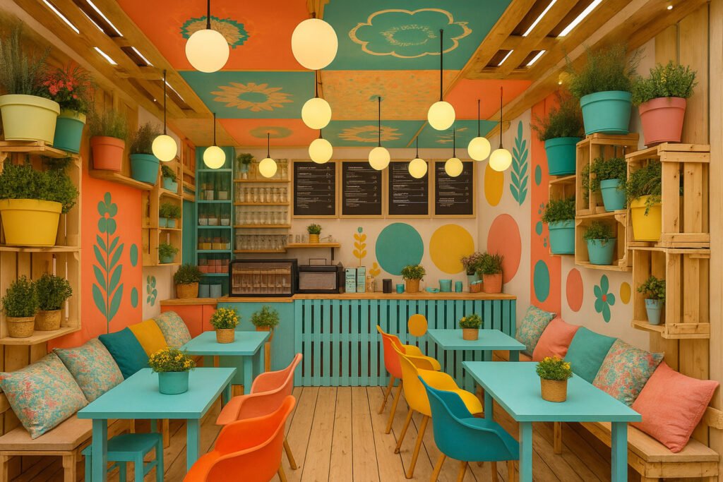 Vibrant café interior with colorful furniture, potted plants, and playful wall art in turquoise, yellow, and coral tones.