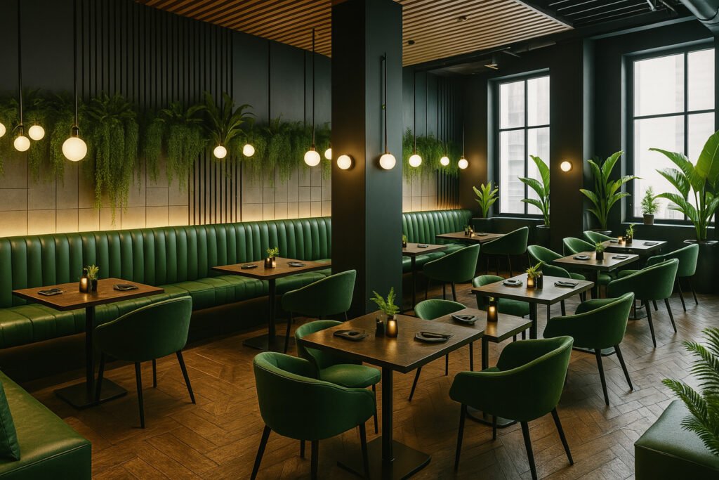 Modern green-themed café interior with velvet seating, wooden flooring, hanging lights, and lush indoor plants for a fresh, biophilic ambiance.
