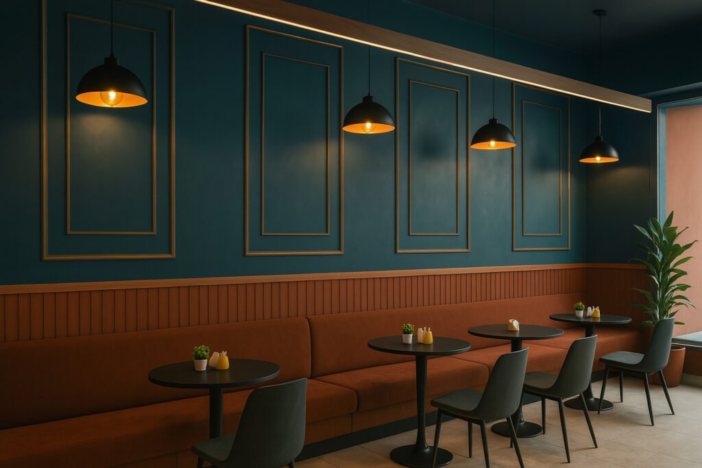Contemporary café interior with teal walls, warm brown cushioned seating, black round tables, and pendant lighting creating a cozy, elegant ambiance.