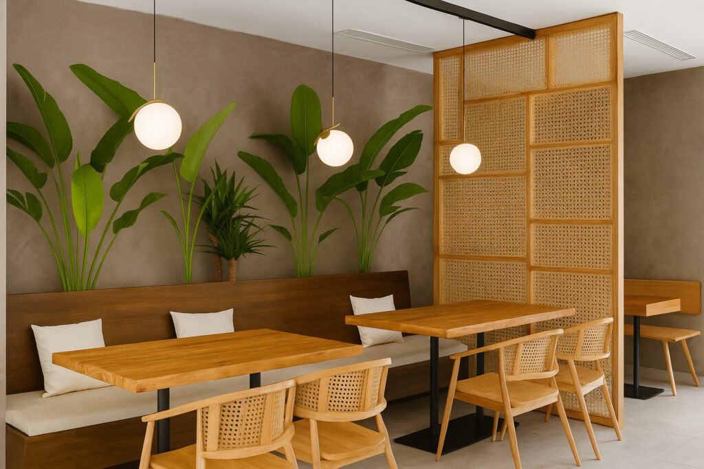 Minimalist café interior with wooden furniture, rattan chairs, warm pendant lighting, and green indoor plants for a cozy, nature-inspired ambiance.