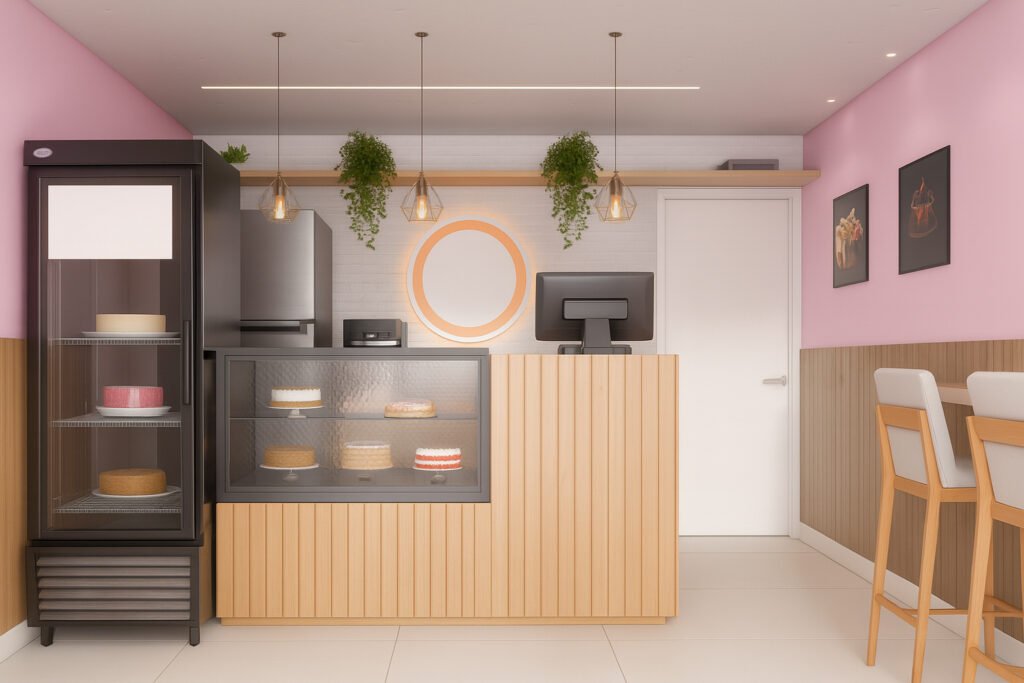 Modern bakery counter with display fridge, wooden reception desk, hanging lights, and pastel pink walls featuring cake displays.