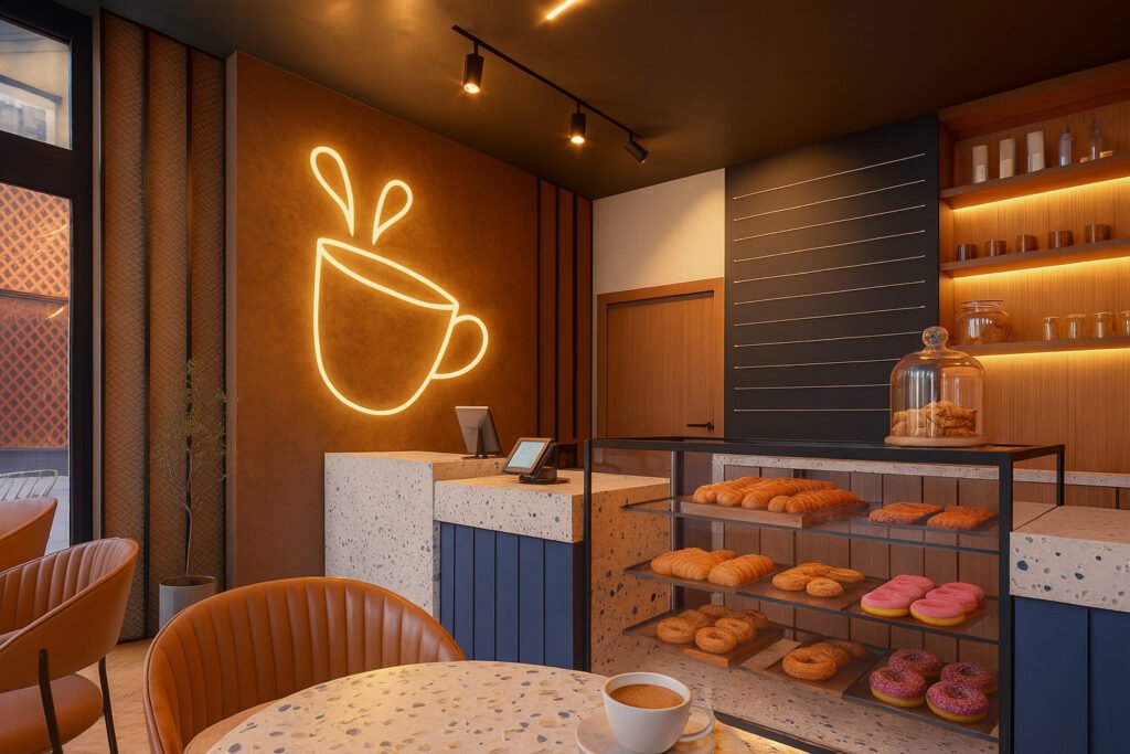 Modern café interior with terrazzo counter, pastry display, neon coffee cup sign, and warm ambient lighting.