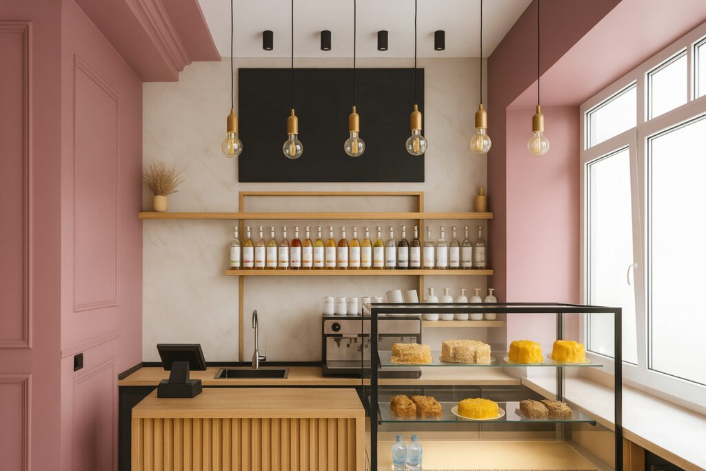 Minimalist café counter with pink walls, wooden shelving, dessert display, and hanging pendant lights.