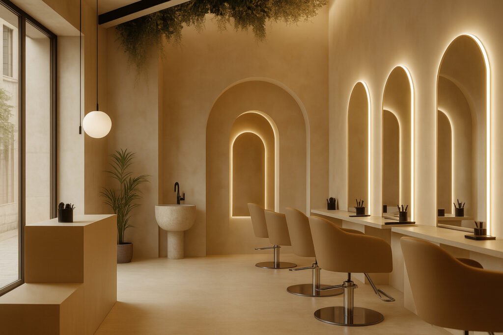 Modern salon interior with backlit arched mirrors, beige styling chairs, and minimalist décor.