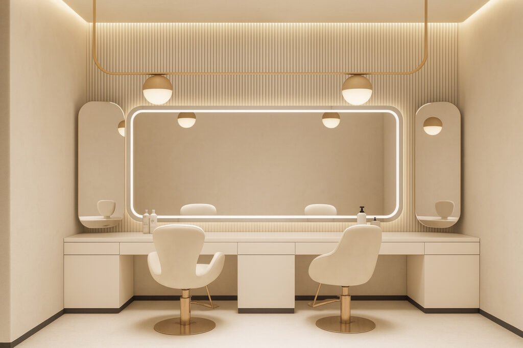 Minimalist salon vanity setup with large backlit mirror, beige chairs, and modern pendant lighting