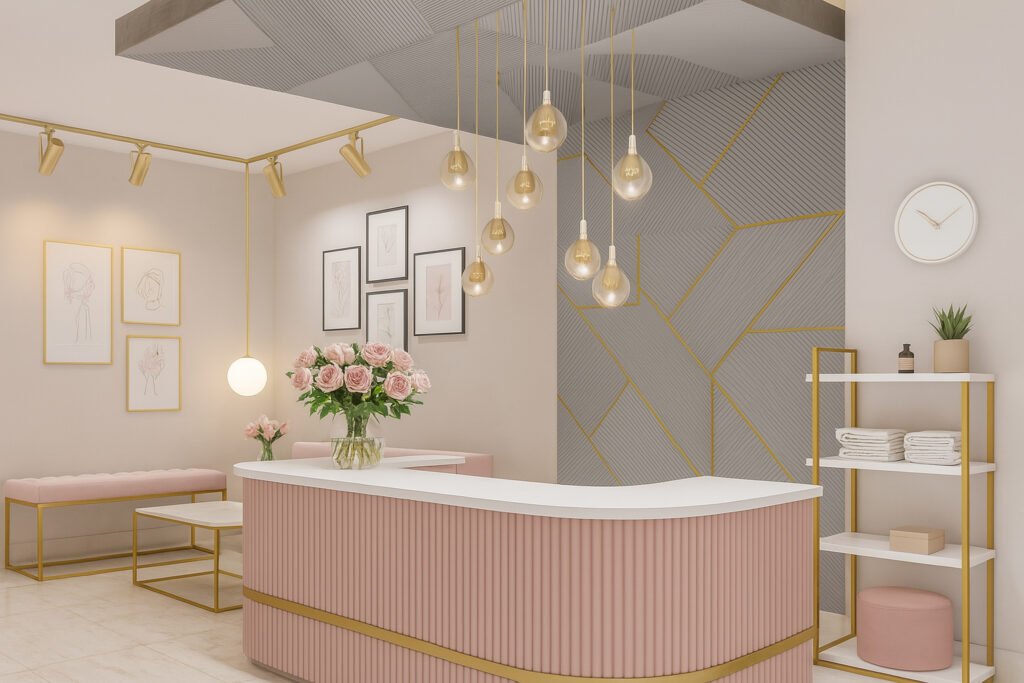 Elegant salon reception area with pink and gold interior, floral décor, and modern pendant lighting.