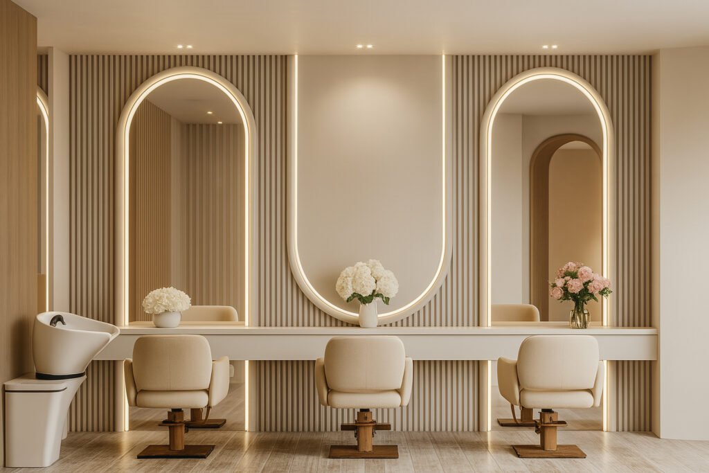 Minimalist salon workstation with beige chairs, backlit arched mirrors, and floral décor.