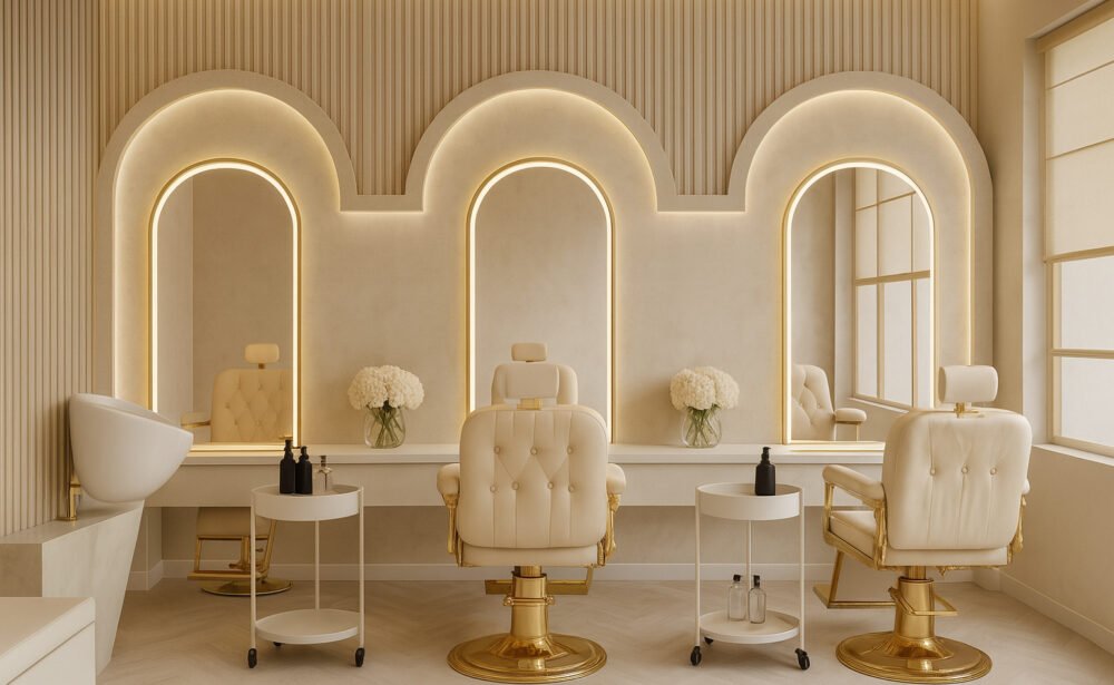 Luxurious salon setup with gold-accented barber chairs, arched backlit mirrors, and elegant white décor.