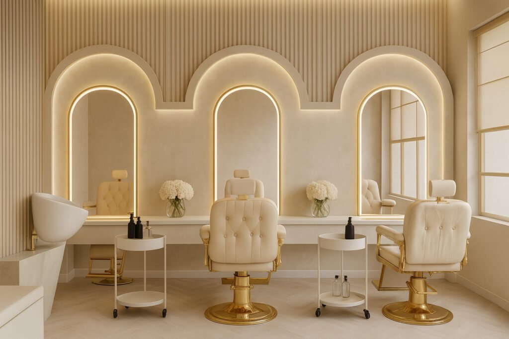 Luxurious salon setup with gold-accented barber chairs, arched backlit mirrors, and elegant white décor.