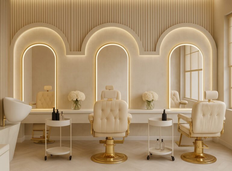 Luxurious salon setup with gold-accented barber chairs, arched backlit mirrors, and elegant white décor.