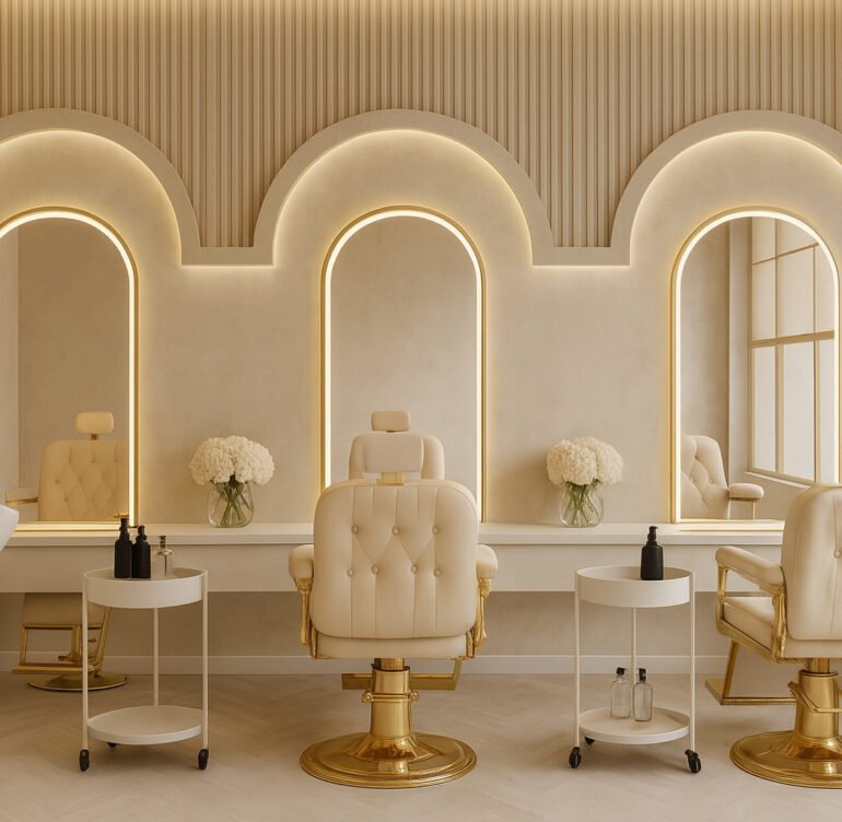 Luxurious salon setup with gold-accented barber chairs, arched backlit mirrors, and elegant white décor.
