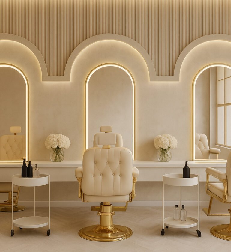 Luxurious salon setup with gold-accented barber chairs, arched backlit mirrors, and elegant white décor.