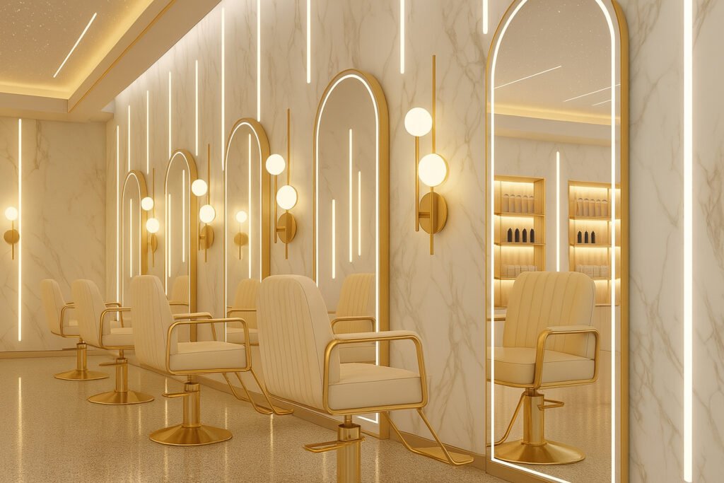 Modern luxury salon with white and gold styling stations, marble walls, and elegant lighting design.