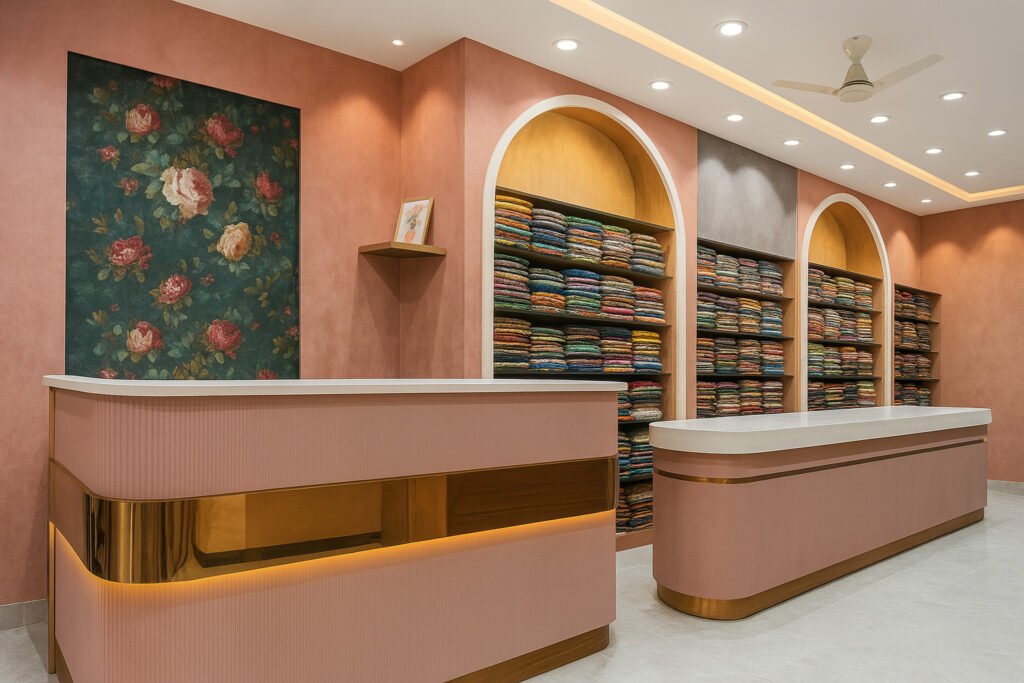 Luxury retail showroom interior with folded colorful fabrics displayed on arched wooden shelves, floral wall art, and elegant pink and gold counters.