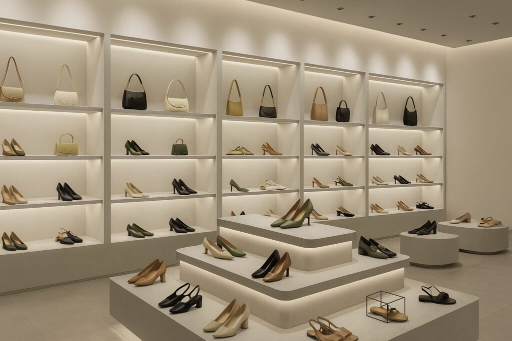 Discover Maison Square’s luxury jewelry showroom design featuring illuminated gold jewelry displays, premium marble counters, and sophisticated green and gold interiors for an opulent retail experience.