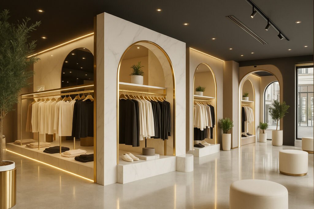 Luxury clothing showroom interior with arched marble display units, gold accents, minimalist clothing racks, and indoor plants for an elegant retail ambiance.