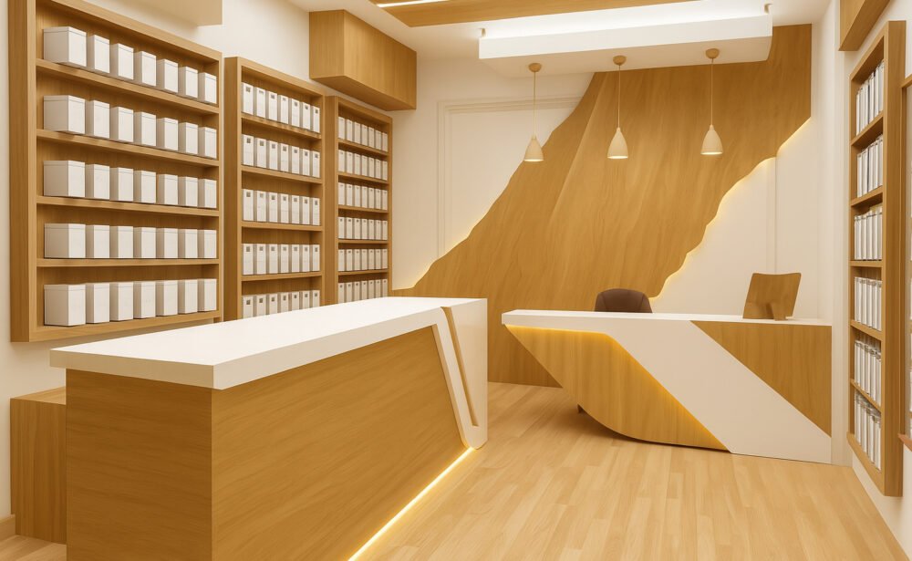 Modern reception and retail showroom interior with wooden shelving, sleek counters, warm lighting, and minimal product displays in white packaging.