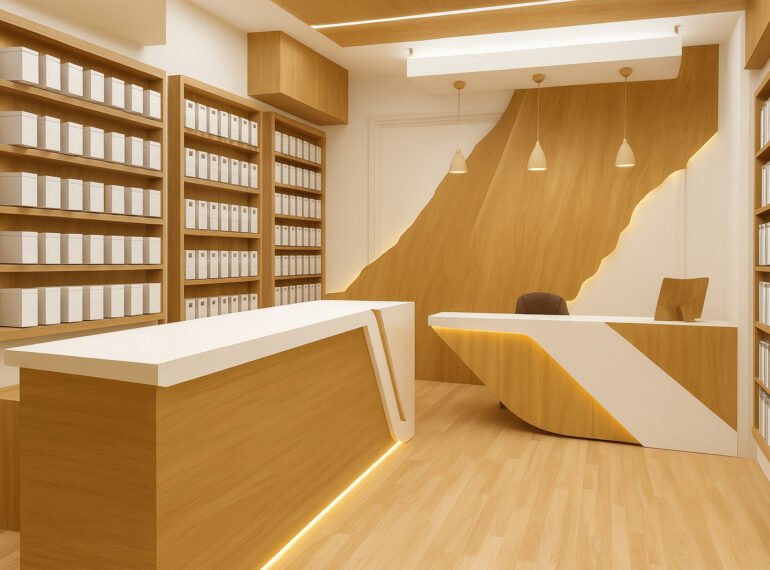 Modern reception and retail showroom interior with wooden shelving, sleek counters, warm lighting, and minimal product displays in white packaging.