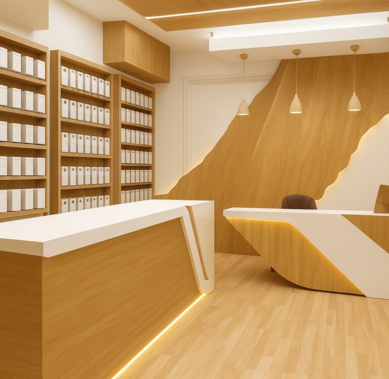 Modern reception and retail showroom interior with wooden shelving, sleek counters, warm lighting, and minimal product displays in white packaging.